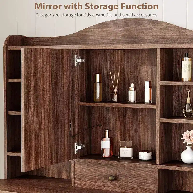 Coiffeuse 10 tiroirs avec miroir, 10 étagères et tabouret
