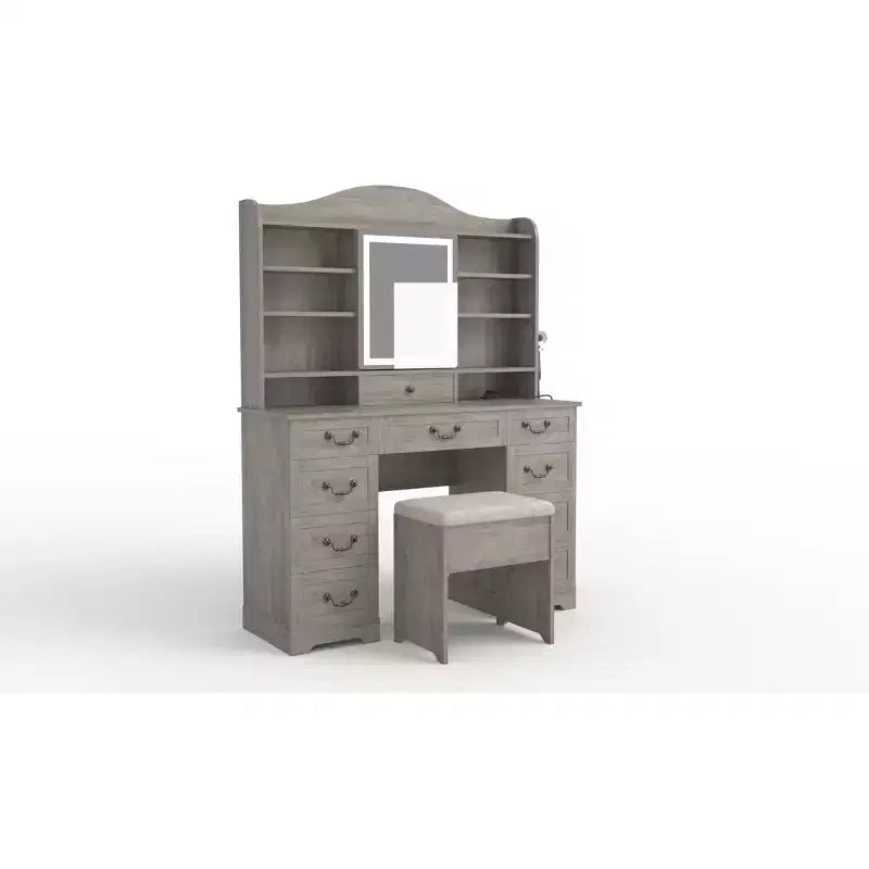 Coiffeuse 10 tiroirs avec miroir, 10 étagères et tabouret