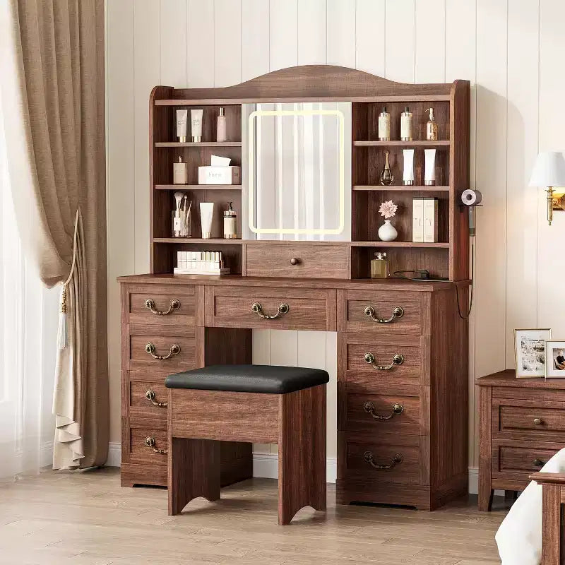 Coiffeuse 10 tiroirs avec miroir, 10 étagères et tabouret