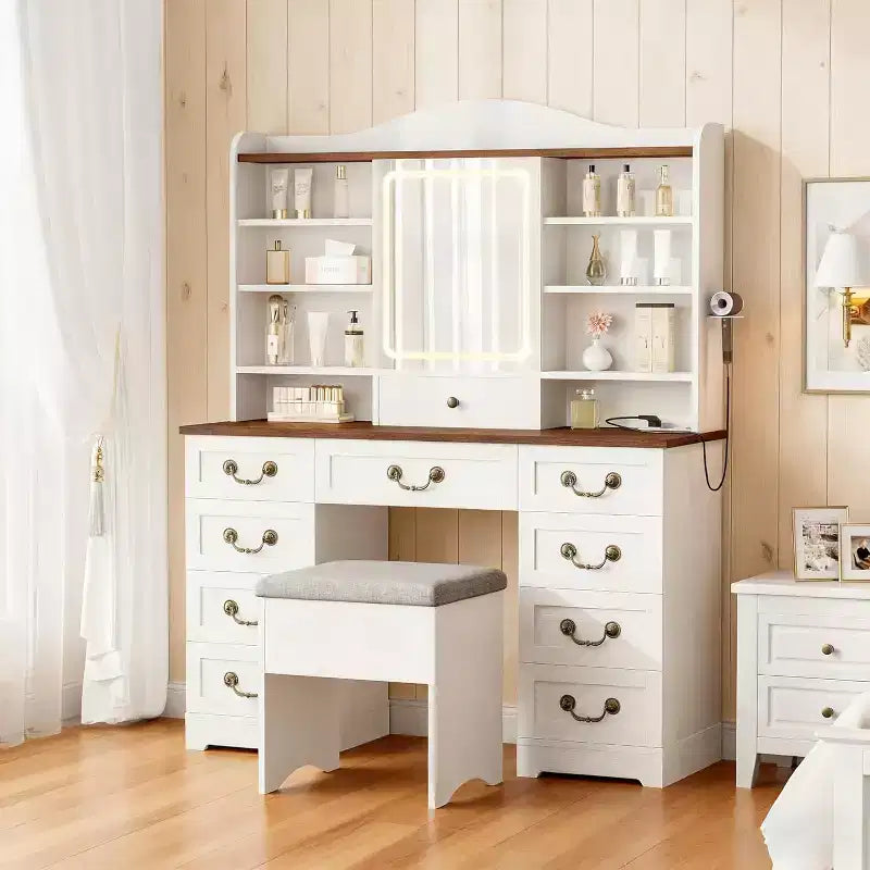 Coiffeuse 10 tiroirs avec miroir, 10 étagères et tabouret