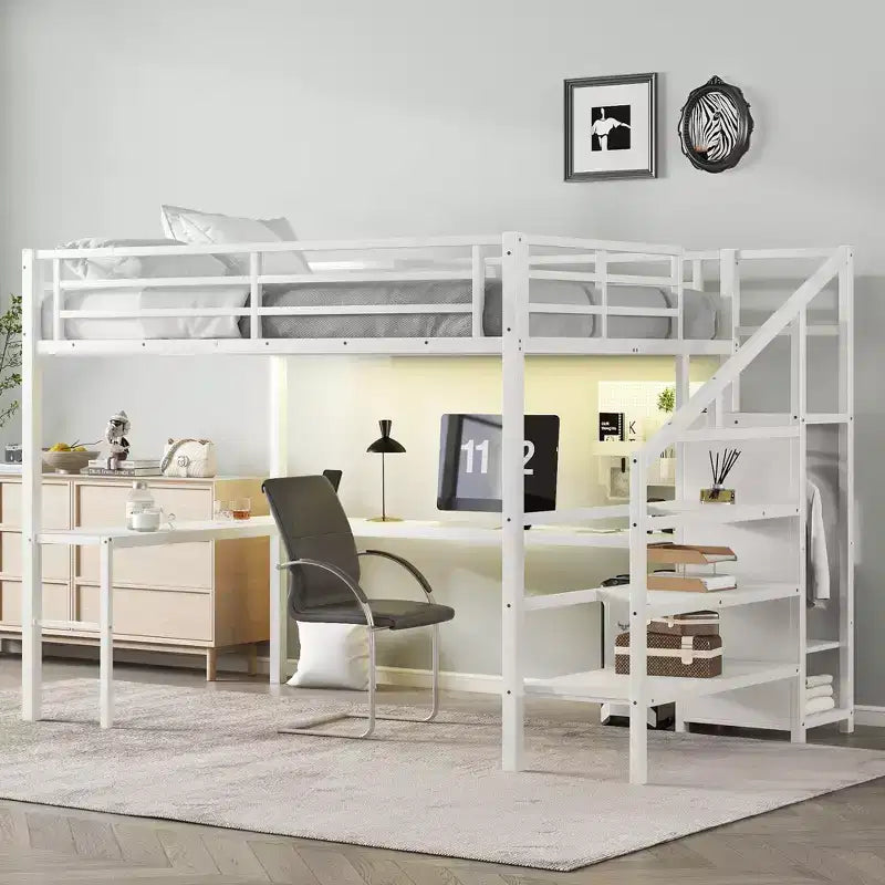 Bellemave Metal Loft Bed with L-Shaped Desk Wardrobe & Adjustable Storage USB & LED Lights High Loft Bed for Kids Teens & Adults White