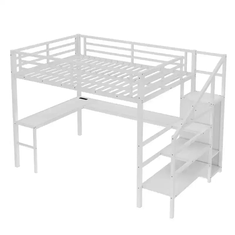 Lit mezzanine en métal avec bureau en L, armoire, USB et lumières LED