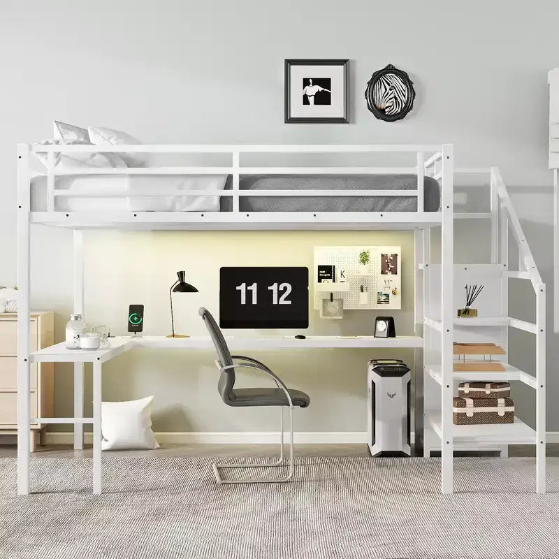 Lit mezzanine en métal avec bureau en L, armoire, USB et lumières LED