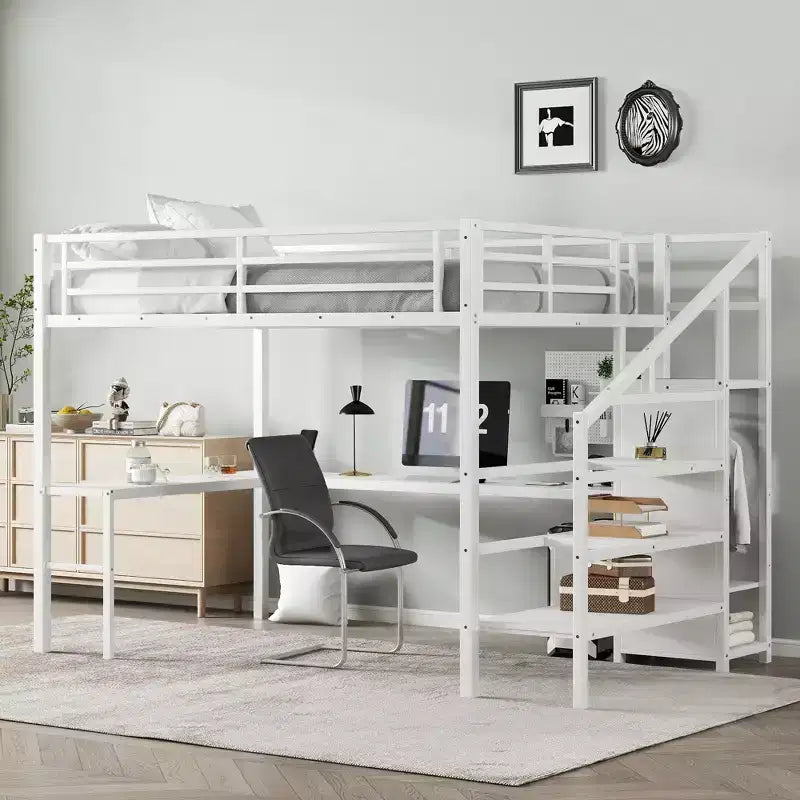 Lit mezzanine en métal avec bureau en L, armoire, USB et lumières LED