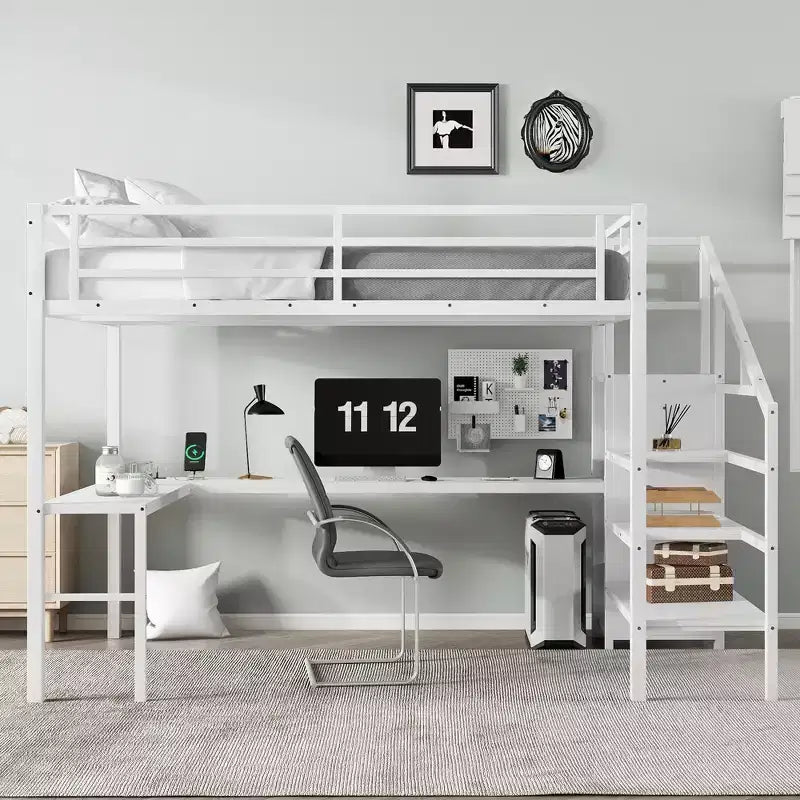 Lit mezzanine en métal avec bureau en L, armoire, USB et lumières LED