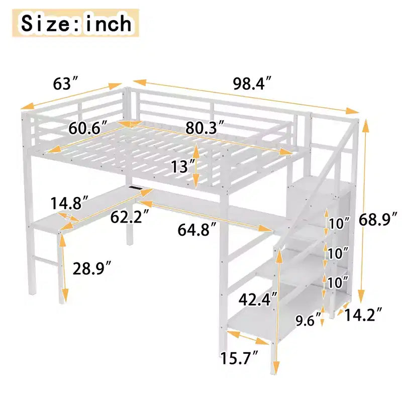 Lit mezzanine en métal avec bureau en L, armoire, USB et lumières LED