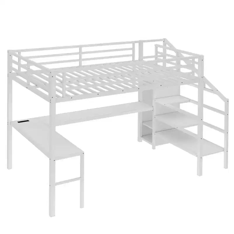 Lit mezzanine en métal avec bureau en L, armoire, USB et lumières LED