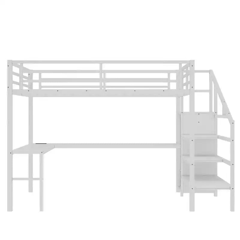 Lit mezzanine en métal avec bureau en L, armoire, USB et lumières LED