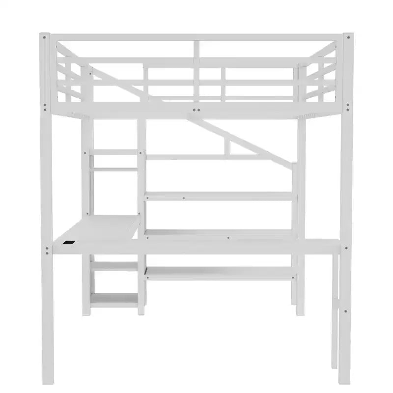 Lit mezzanine en métal avec bureau en L, armoire, USB et lumières LED