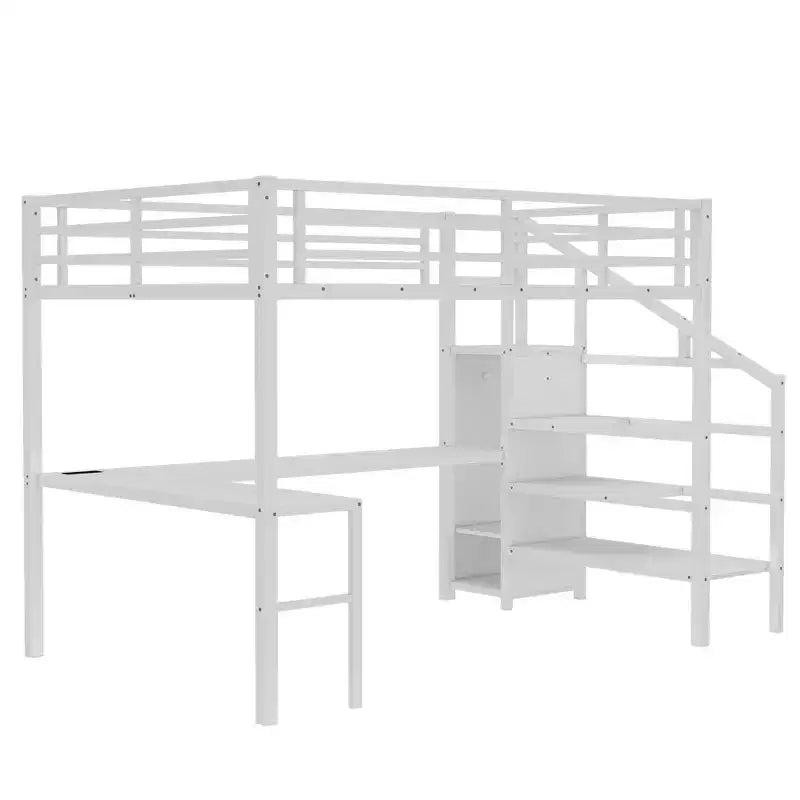 Lit mezzanine en métal avec bureau en L, armoire, USB et lumières LED
