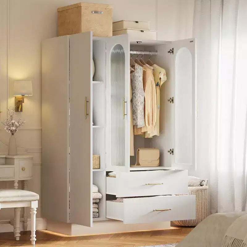 Acekool Modern 3-Door Storage Cabinet with Glass Doors Hanging Rods & Drawers Tall White Armoire for Bedroom and Living Room