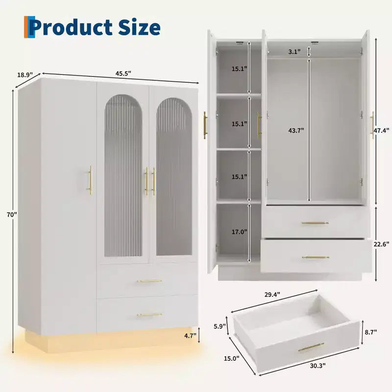 Armoire de rangement moderne à 3 portes avec portes vitrées, tringles de suspension et tiroirs