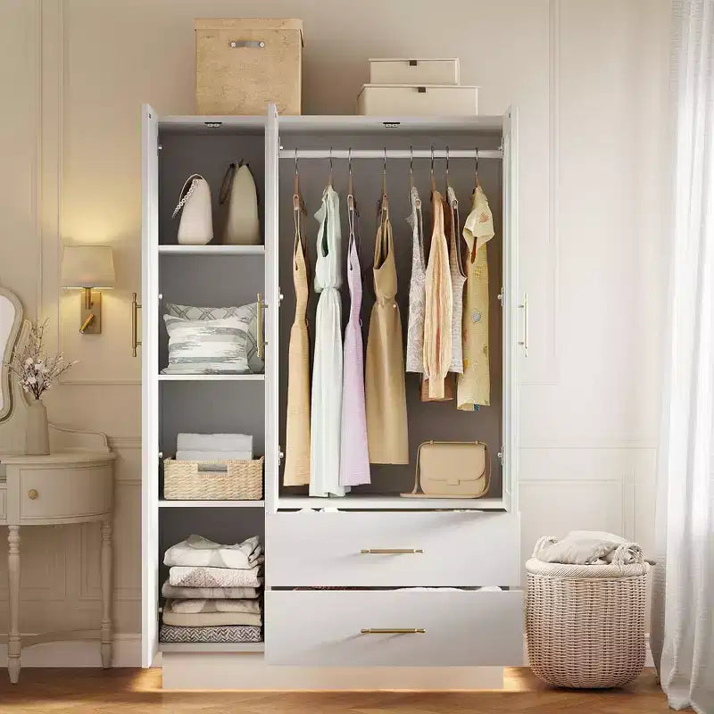 Armoire de rangement moderne à 3 portes avec portes vitrées, tringles de suspension et tiroirs