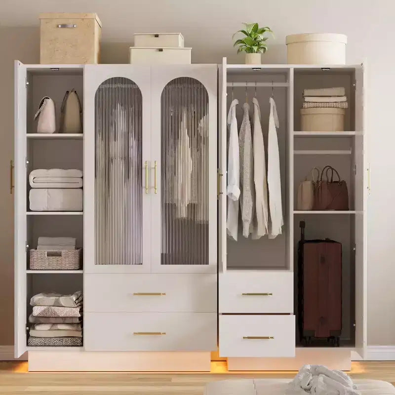 Armoire de rangement moderne à 3 portes avec portes vitrées, tringles de suspension et tiroirs