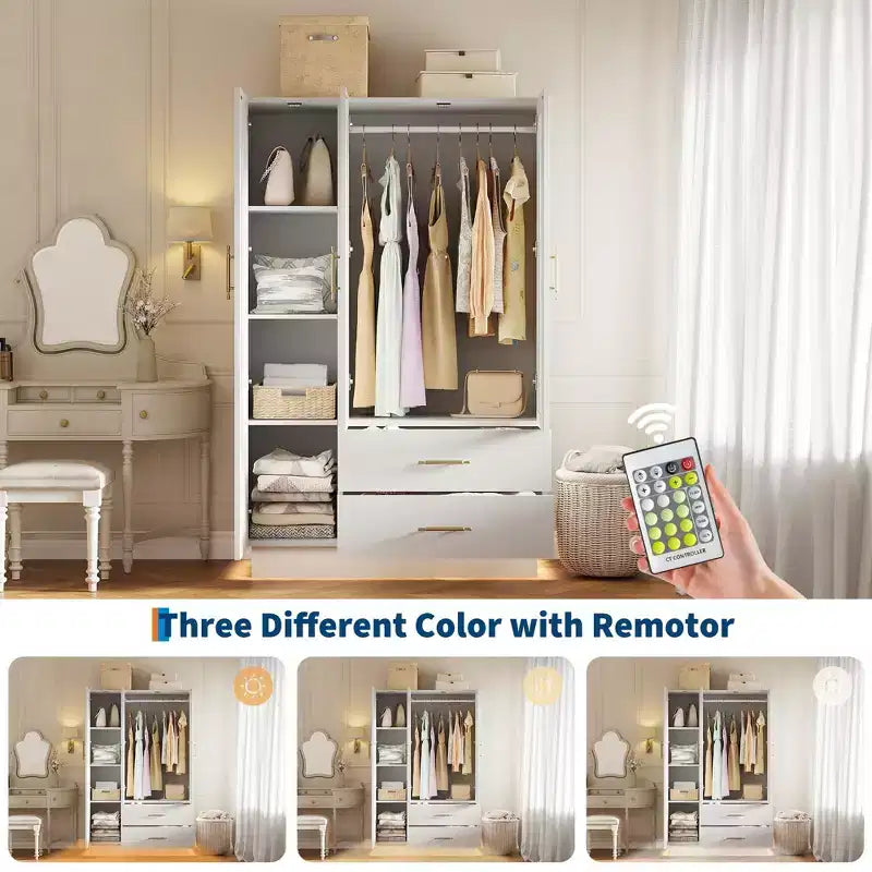 Armoire de rangement moderne à 3 portes avec portes vitrées, tringles de suspension et tiroirs
