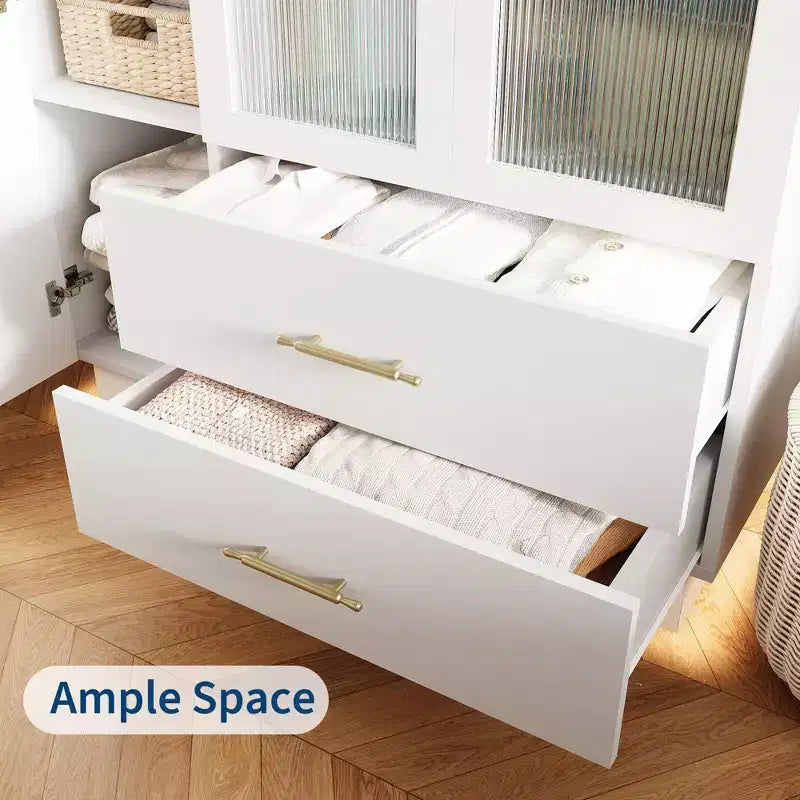 Armoire de rangement moderne à 3 portes avec portes vitrées, tringles de suspension et tiroirs