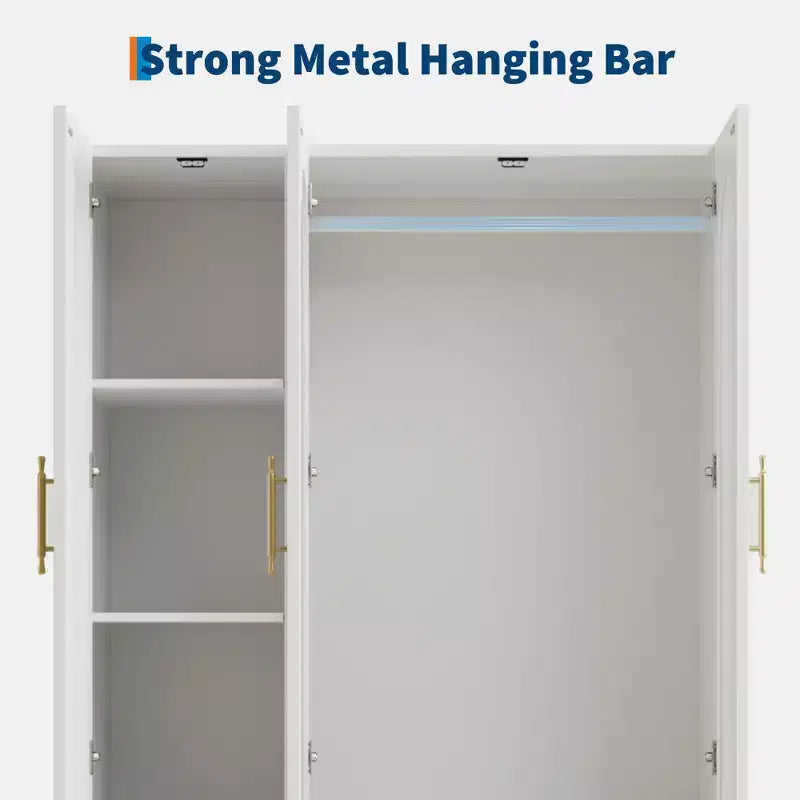 Armoire de rangement moderne à 3 portes avec portes vitrées, tringles de suspension et tiroirs