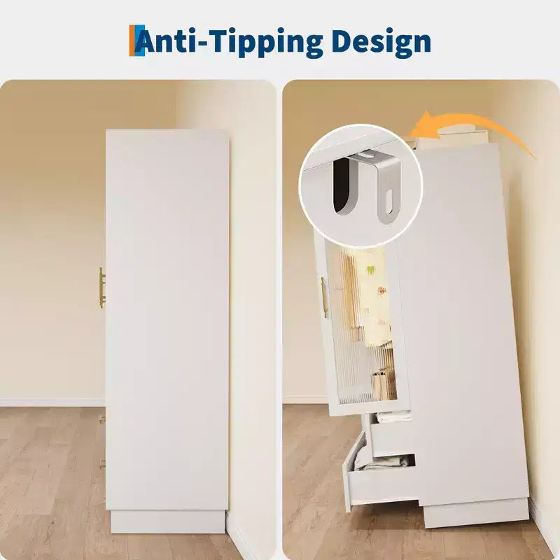 Armoire de rangement moderne à 3 portes avec portes vitrées, tringles de suspension et tiroirs