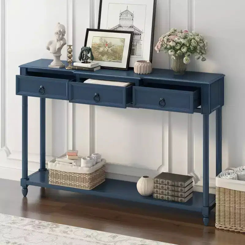 Console Sofa Table with 3 Projecting Drawers Botton Long Open Shelf Rustic Mufti-Functional Home Furniture for Entryway Navy Blue