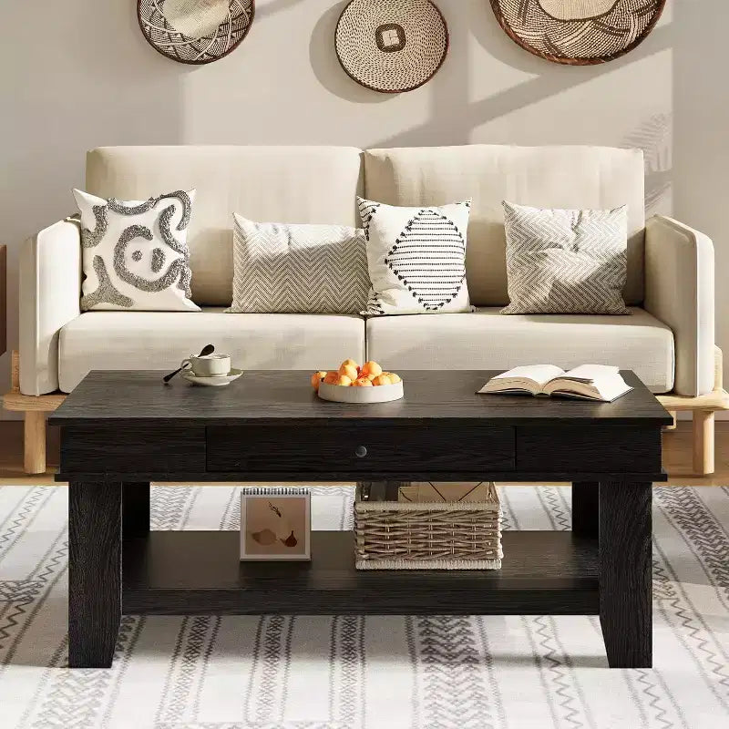 Long Rectangular Coffee Table with Storage Drawer Rusty Farmhouse Style Open Shelf Black Finish