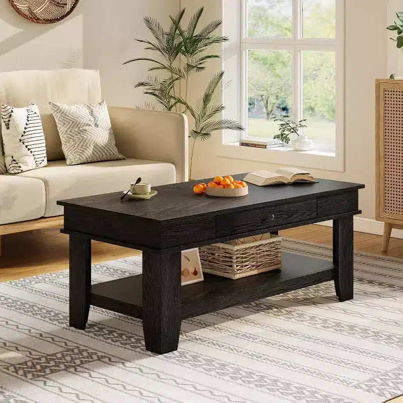 Table basse rectangulaire longue avec tiroir de rangement Étagère ouverte couleur rouille