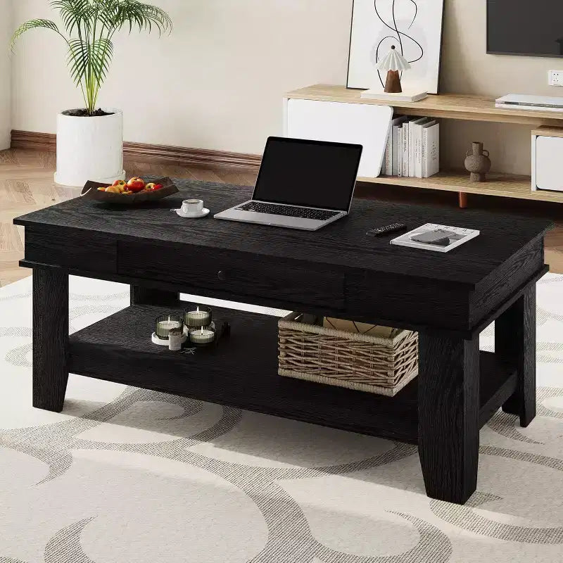 Table basse rectangulaire longue avec tiroir de rangement Étagère ouverte couleur rouille