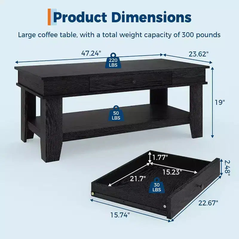 Table basse rectangulaire longue avec tiroir de rangement Étagère ouverte couleur rouille