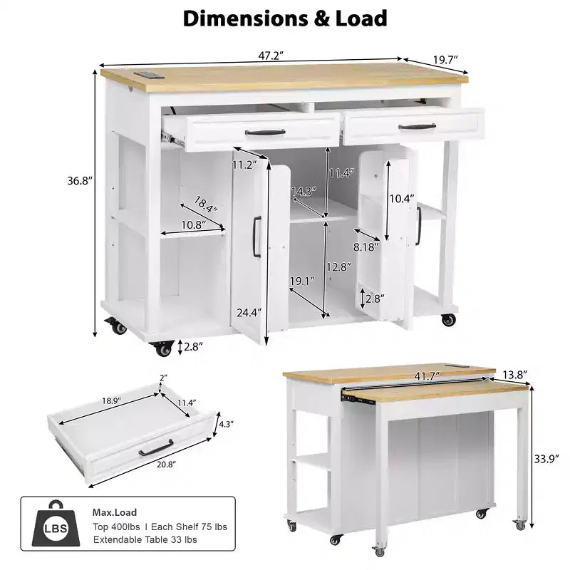 îlot de cuisine mobile avec roulettes, table à manger extensible