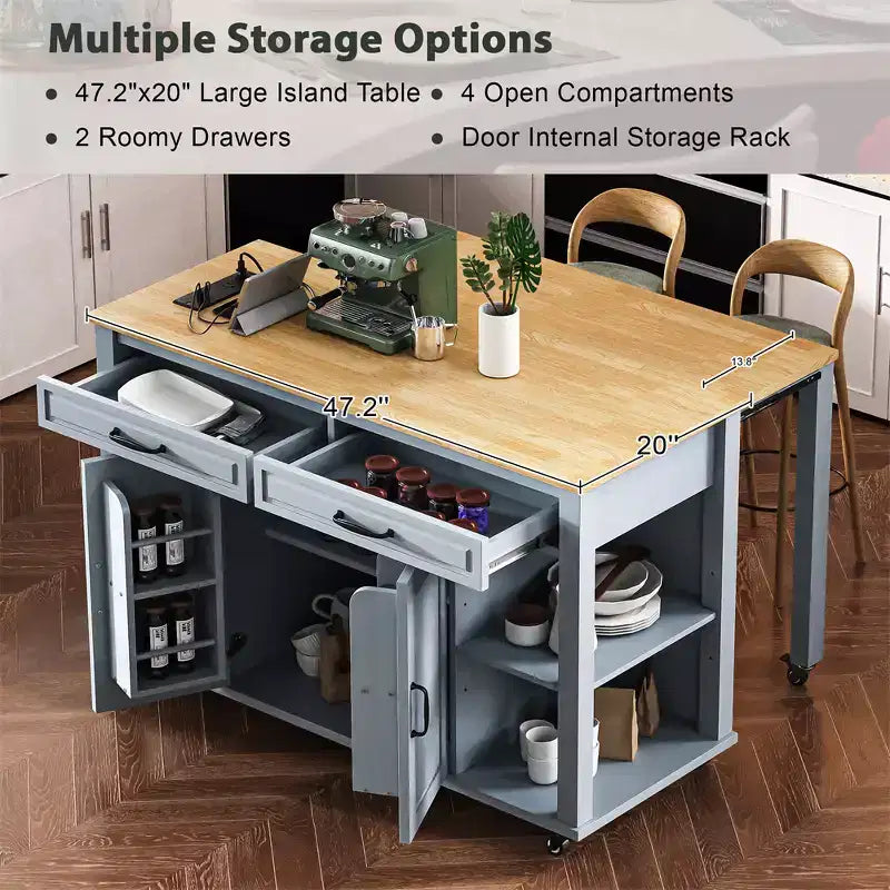 47 mobile kitchen island cart with wheels extendable dining table power outlet 2 drawers & 2 cabinetsversatile storage solution