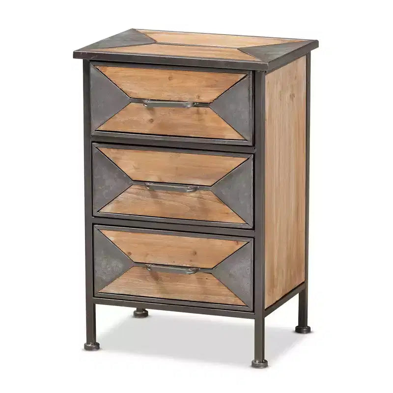 Laurel Wood 3 Drawer Nightstand Gray/Brown - Baxton Studio: Antique Metal Frame Whitewashed Oak Vintage Style Handle