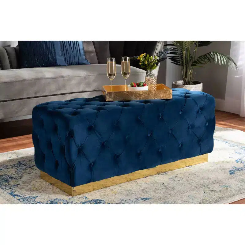 Corrine Velvet Fabric Upholstered and PU Ottoman Navy Blue/Gold - Baxton Studio: Tufted Padded Seat Wood Frame Luxury Decor