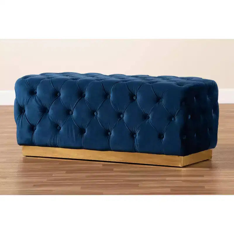 Ottoman en tissu velours et PU avec siège capitonné bleu marine