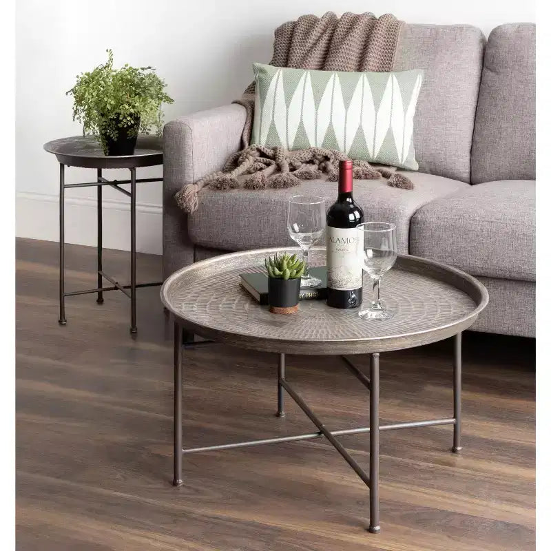 Table basse ronde en métal, argent foncé