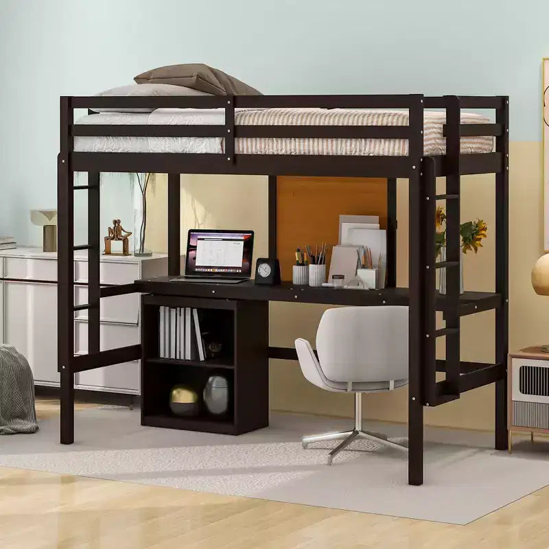 Wooden Loft Bed with Desk Writing Board and 2 Drawers Cabinet - ModernLuxe