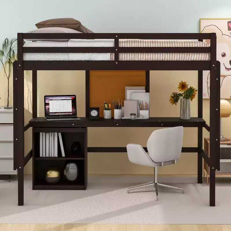 Lit mezzanine en bois avec bureau, planche à écrire et commode à 2 tiroirs