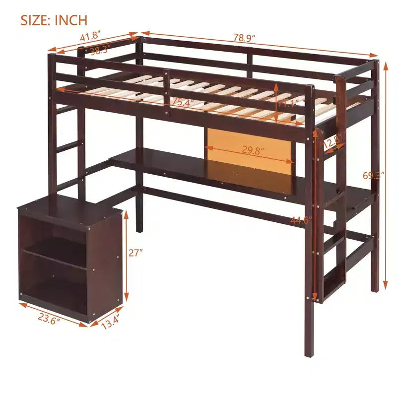 Lit mezzanine en bois avec bureau, planche à écrire et commode à 2 tiroirs